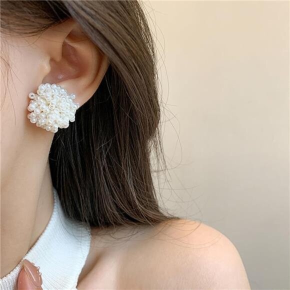 Pearl Cluster Stud Earrings | Square Faux Pearl Statement Studs | Elegant - Picture 4 of 6